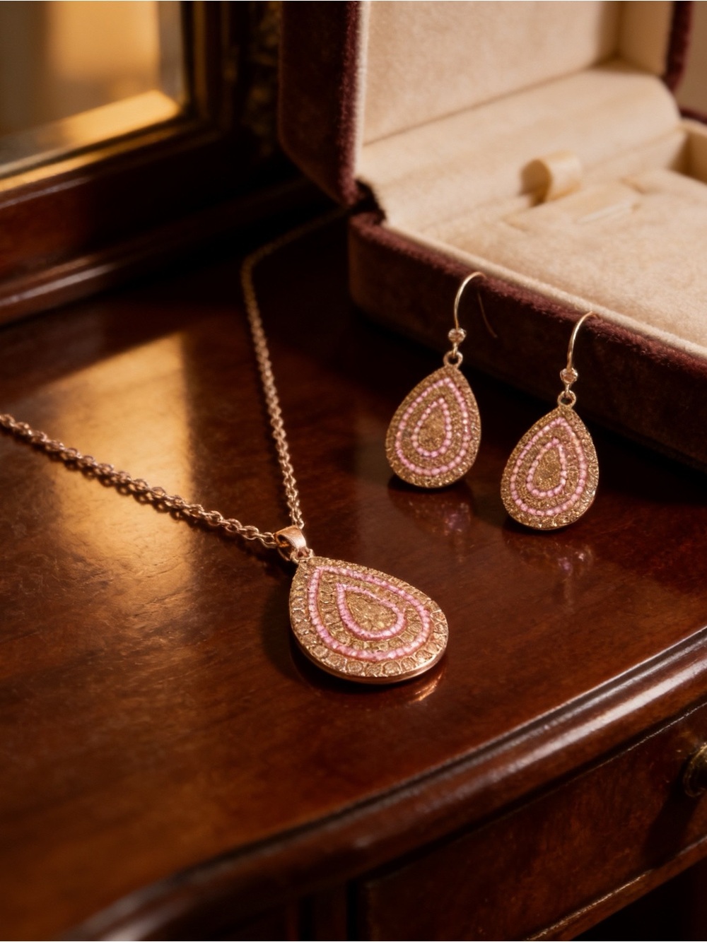 Rose Gold-Tone Pavé Crystal Teardrop Pendant Necklace & Dangle Earrings Set